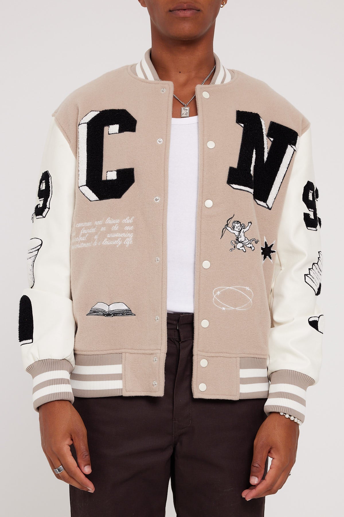 Common Need Perspective Varsity Jacket Taupe Cream