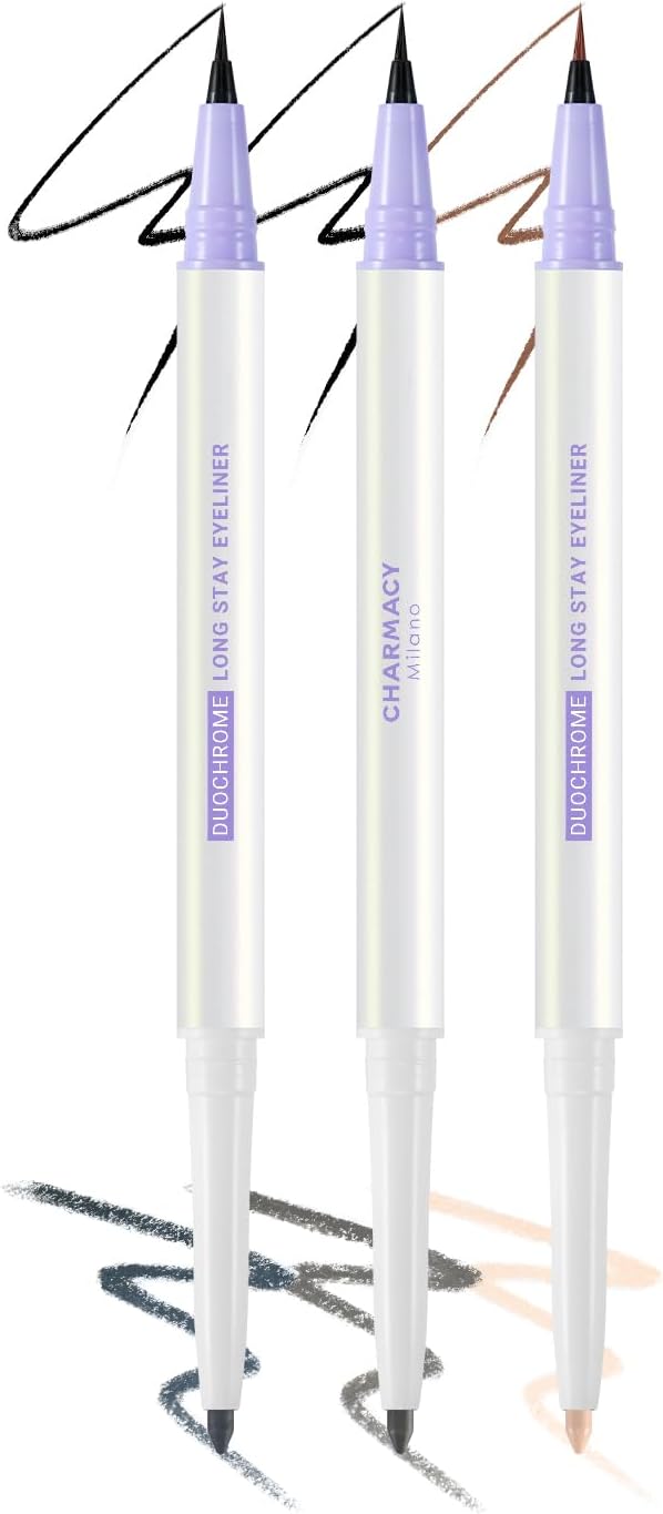 CHARMACY 3 Pcs 2 in 1 Liquid Black Eyeliner, Black Beige Brown Gel Eyeliner Pencil, Smudge-Resistant, High-Intensity Color, Waterproof, Long Wear (DE11)