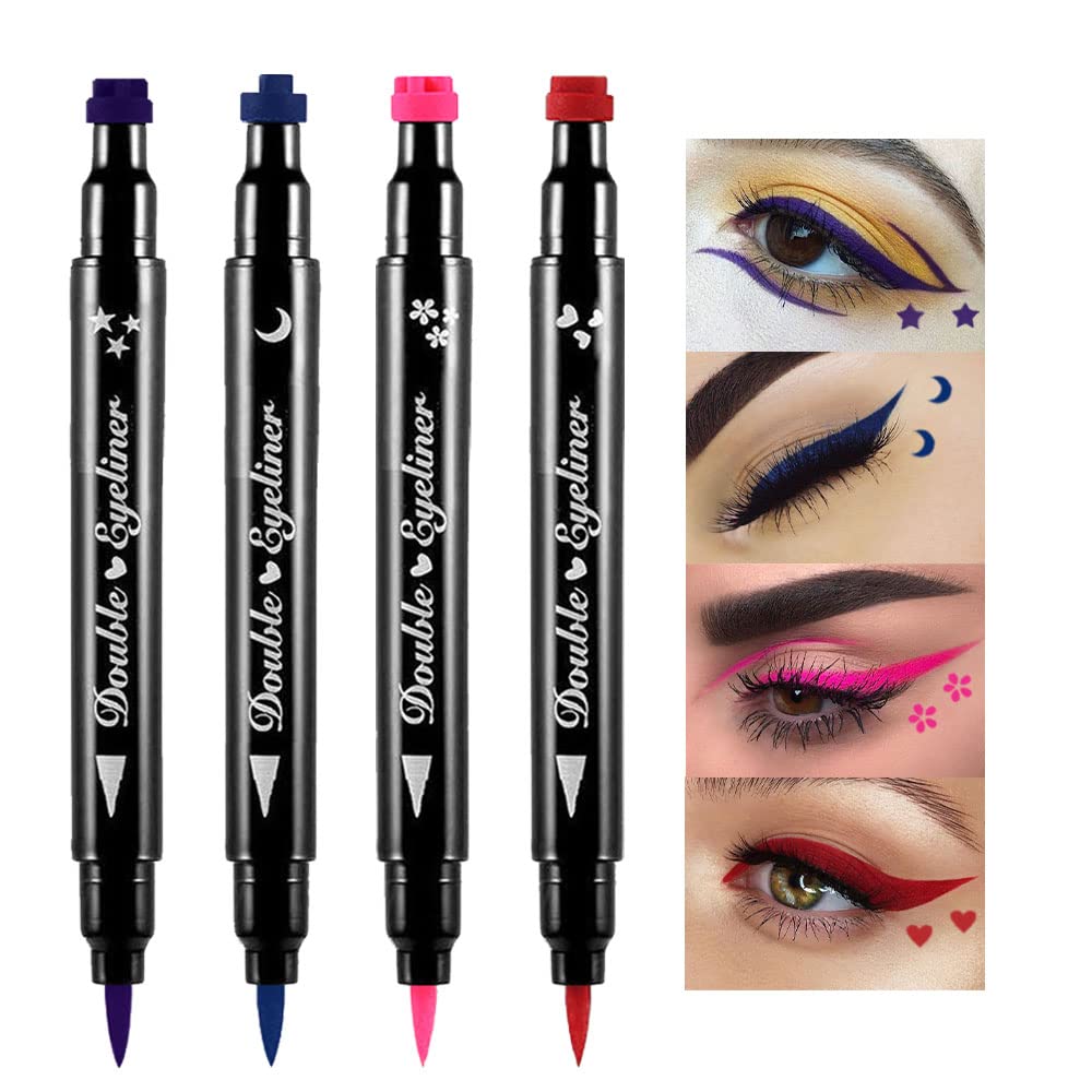 BINGBRUSH 4Pcs Double-head Liquid Stamp Eyeliner Pencil, Pink Red Blue Purple Shapes Face Stamps Makeup Colorful Waterproof Slim Gel Felt Tip High Pigment Liquid Eyeliner & Seal