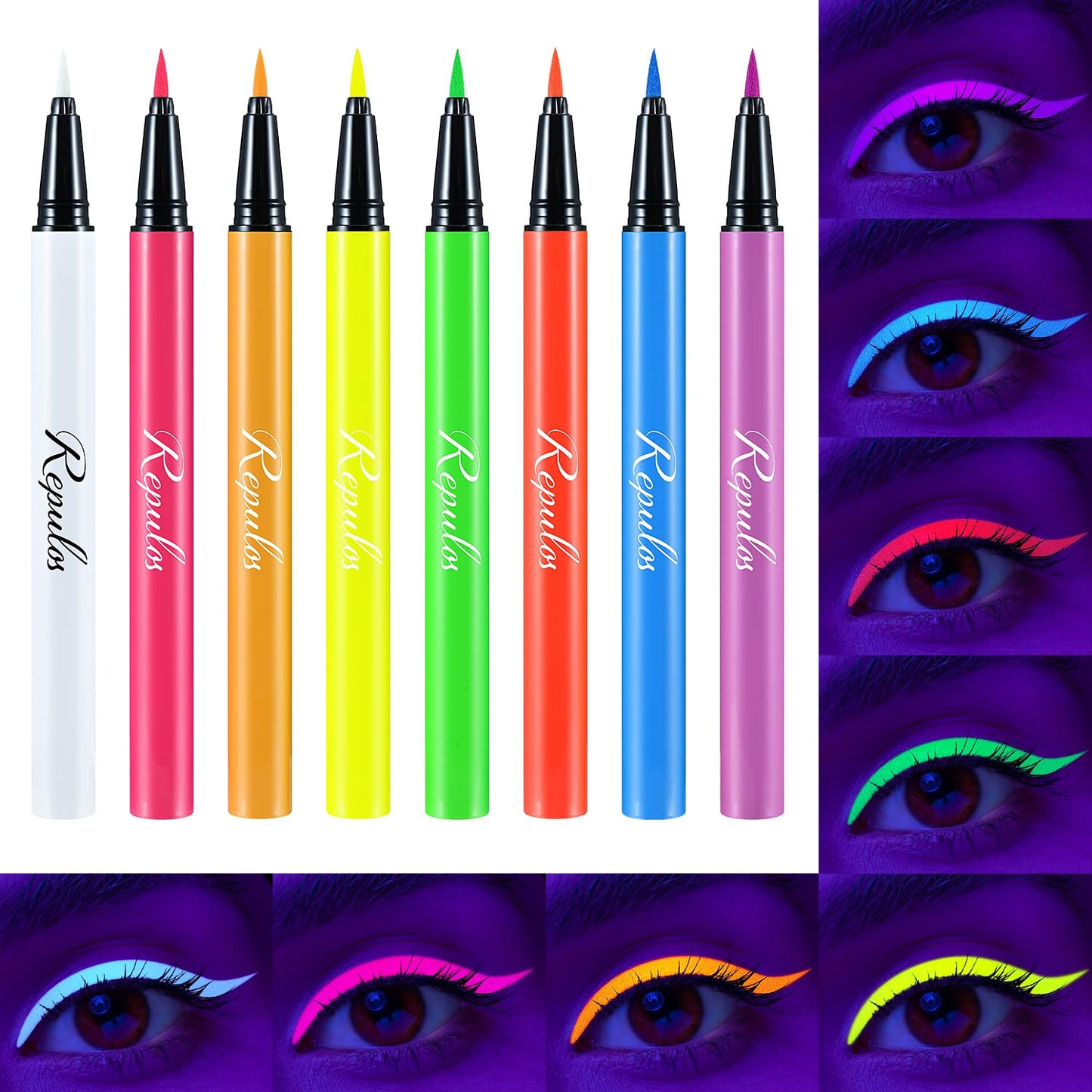 8 Colors Neon Liquid Eyeliner Set, Rainbow UV Glow Neon Makeup Graphic Eyeliners, High Pigmented, Waterproof Smudge-Proof and Long-Lasting Matte Colored Eye Makeup Gift Kit