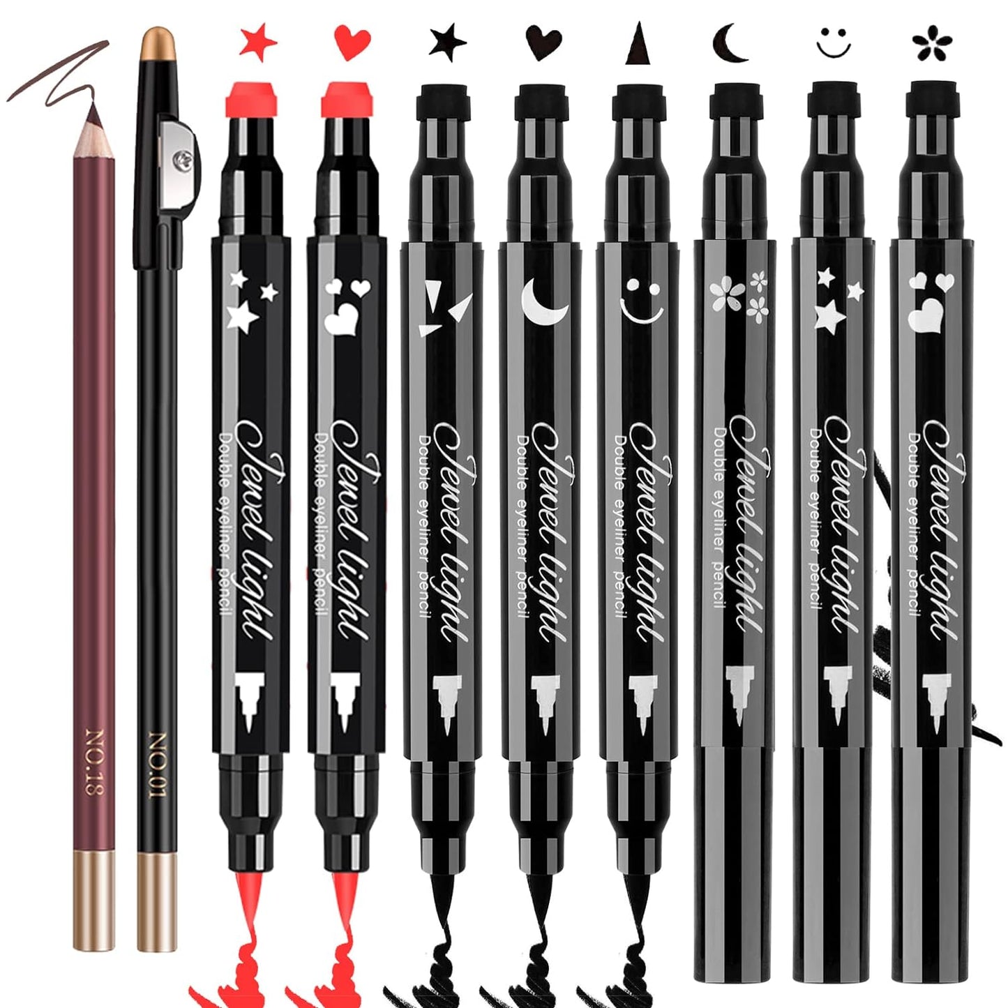 10 Pack Liquid Eyeliner Stamp Set with 8Pcs Eyeliner Stamp and 2Pcs Eyebrow Pencil, Waterproof Smudgeproof Eyeliner Long Lasting Eyeliner Pen (Heart/Flower/Moon/Star/Smiley /Triangle Seal Stamp)