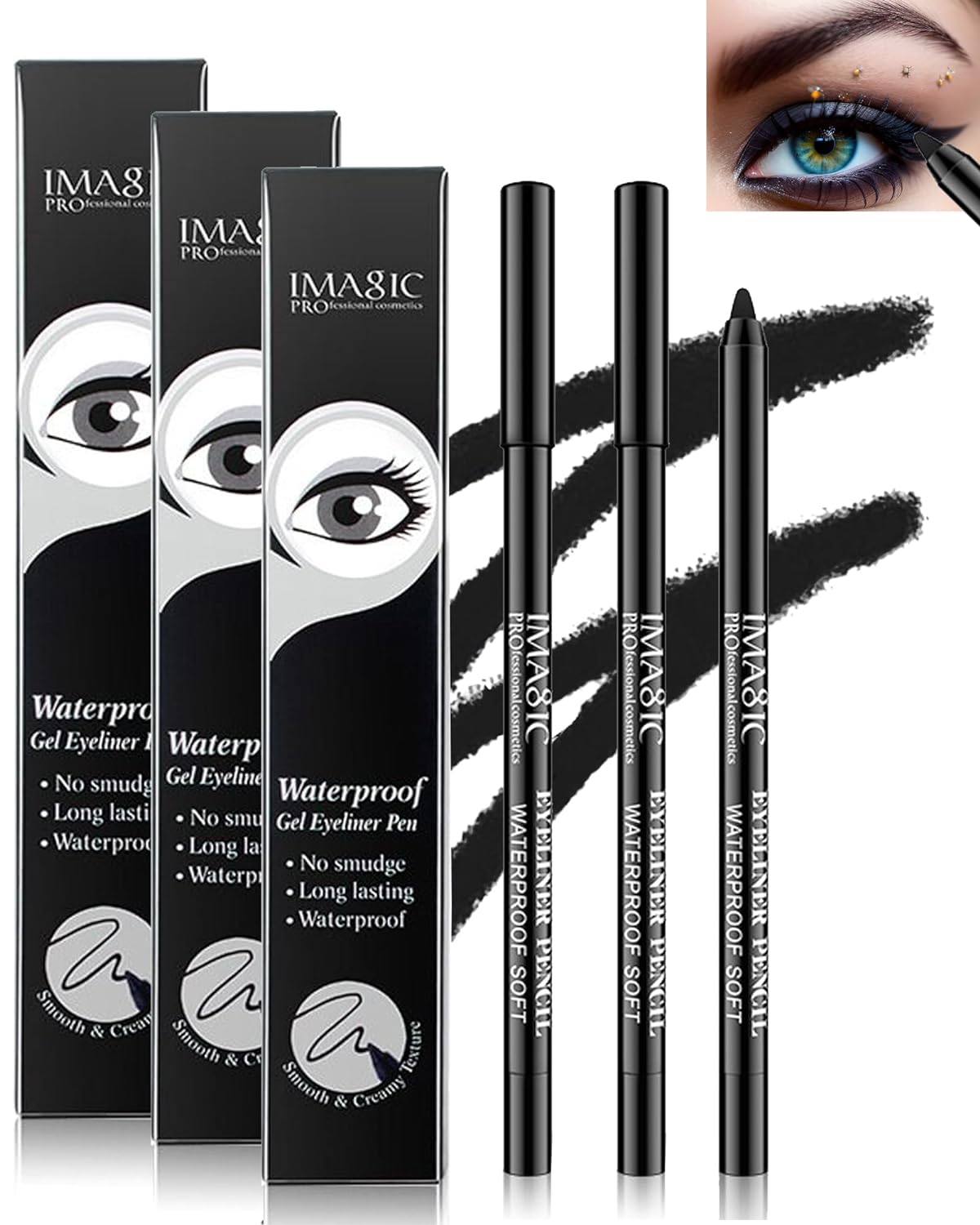 3 Pcs Matte Black Waterproof Smudge-proof Gel Eyeliner Pencil, Fade-Proof Eyeliner Pen Easy-to-Sharpen Pencil, Cat Eye/Smoky Eye Makeup Pen, Waterline Gel Eye Liner, Makeup Gift Set for Women