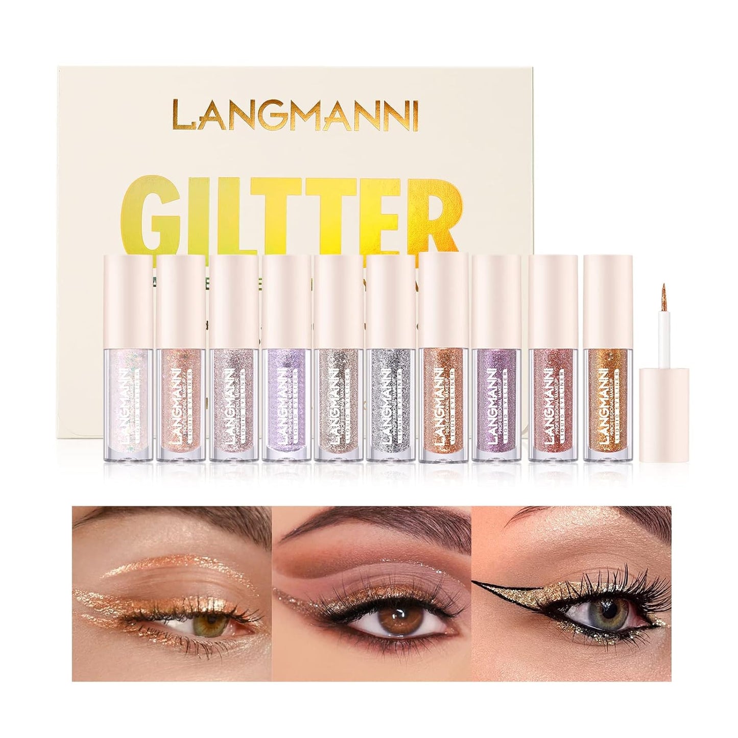 10 Colors Liquid Glitter Eyeliner Set, Metallic Shimmer Glitter Eye Liners Eyeshadow for Women, Colored Eyeliners Sparkly Glitter Eyeliner Eye Liner Set White Silver Rose Gold Pink Color Eyeliner