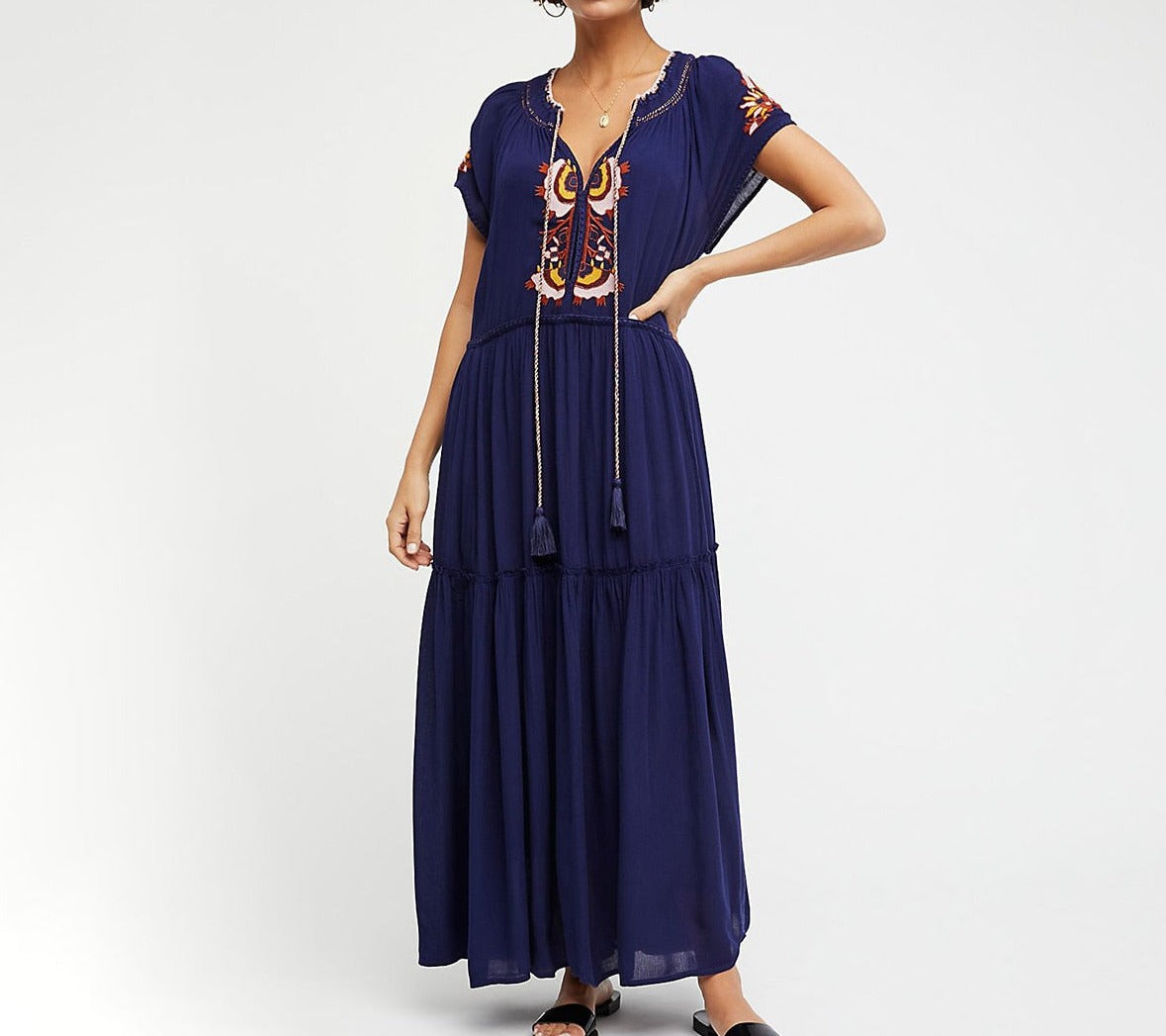 Boho Red Embroidered Gypsy Lace Up Hippie Long Maxi Dress