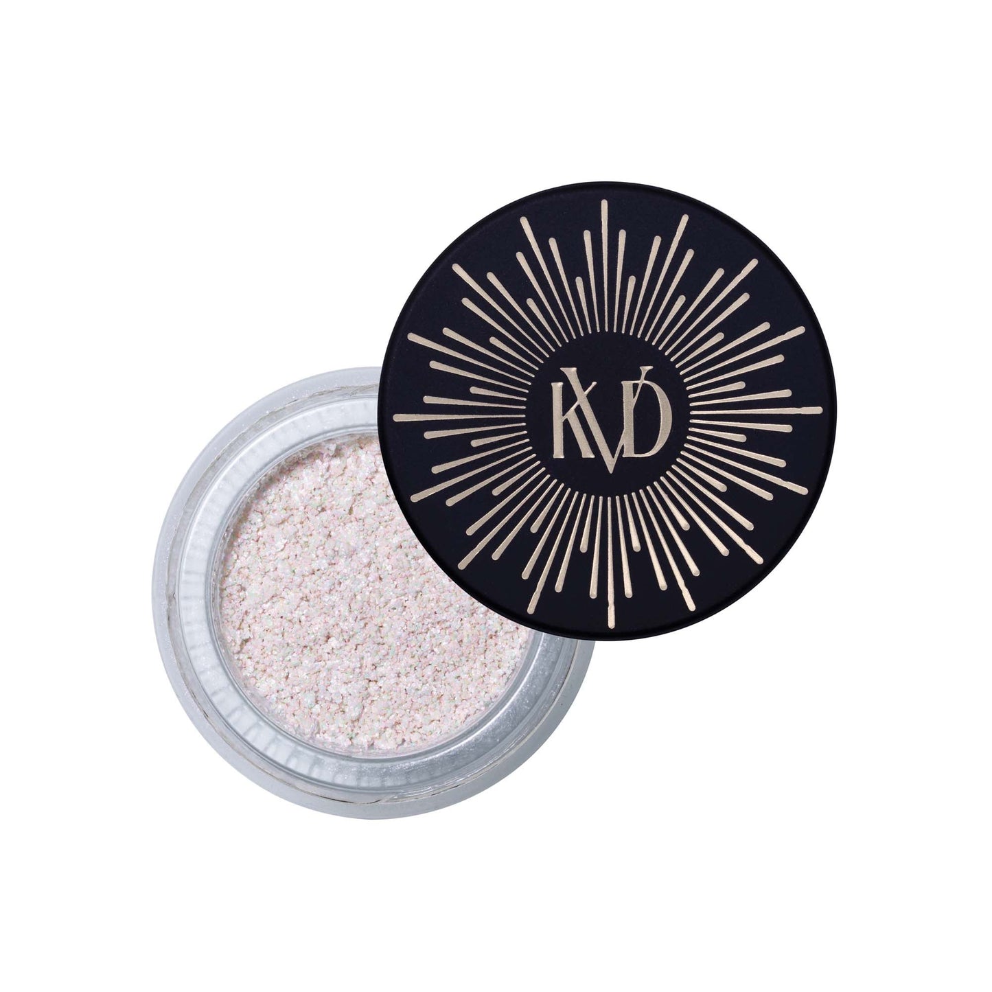 Open tub of KVD Dazzle Flakes eye pigment in shade Cosmic Snow.