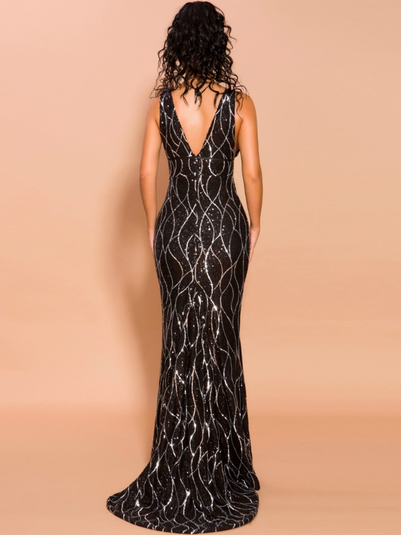 Black Missord Double V Neck Sequin Bodycon Prom Dress CS758956