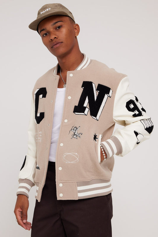 Common Need Perspective Varsity Jacket Taupe Cream