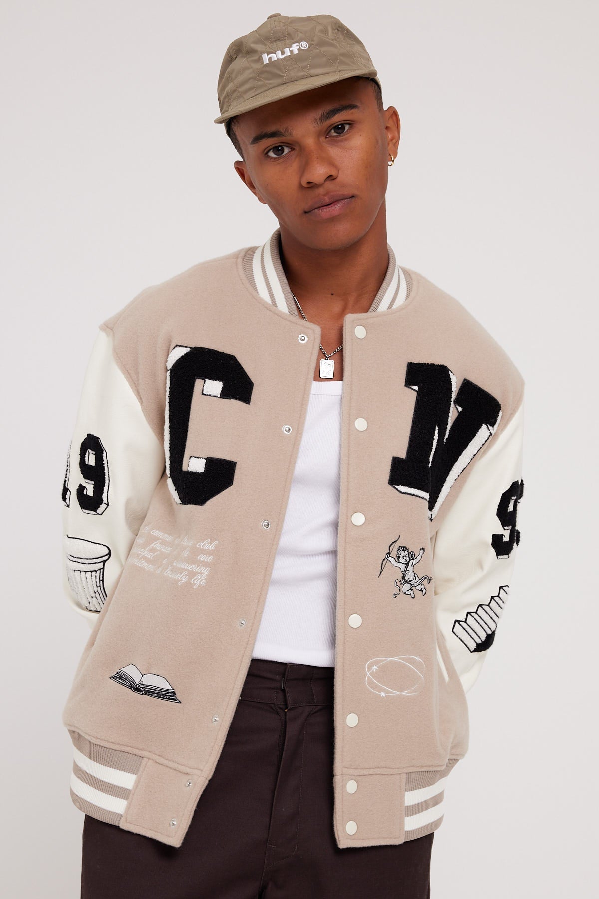 Common Need Perspective Varsity Jacket Taupe Cream