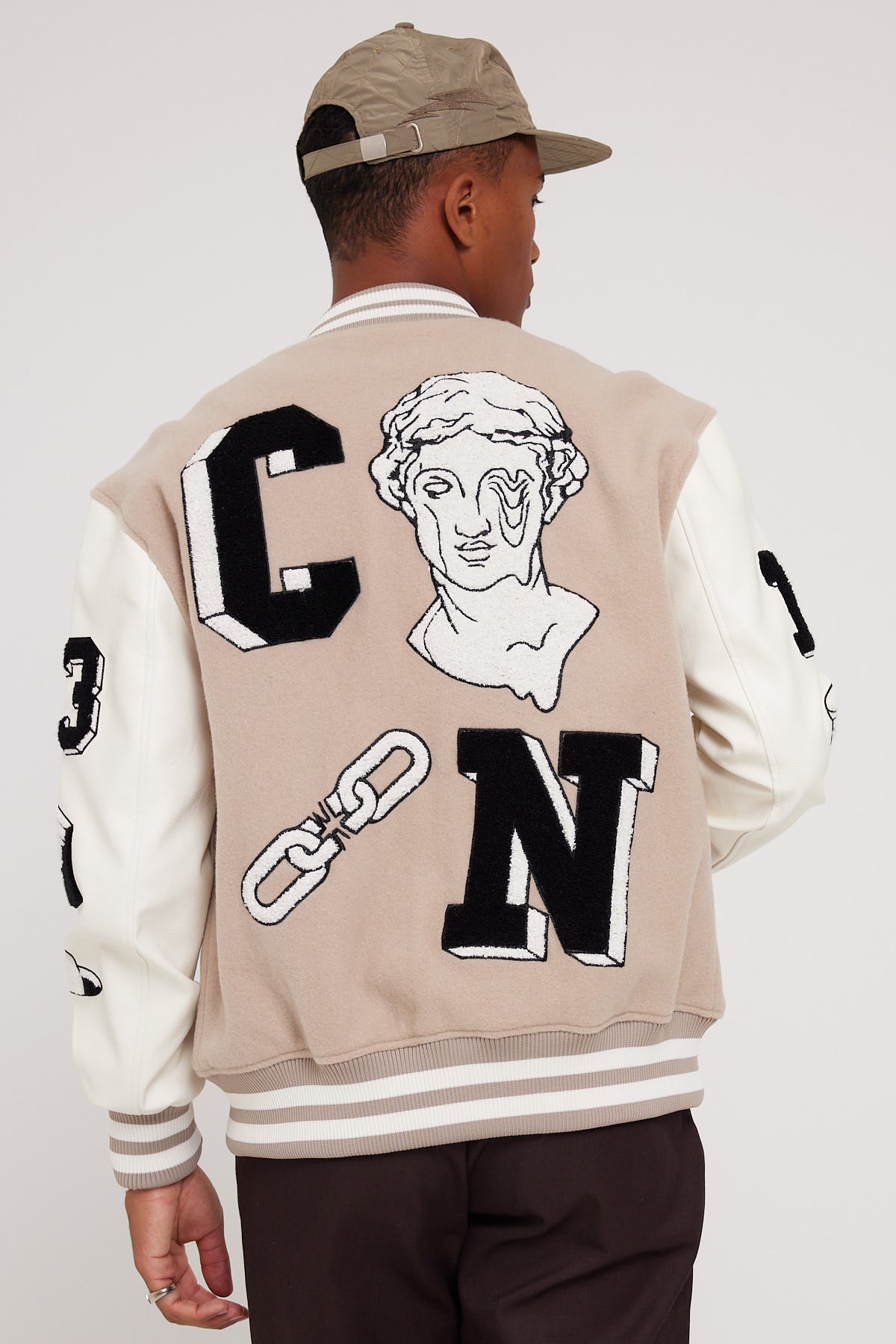 Common Need Perspective Varsity Jacket Taupe Cream
