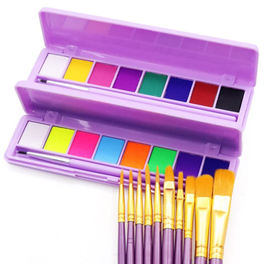 2 Packs Water Activated Eyeliner Palette High Pigmented Face Paint Palette Neon Eyeliner Colorful Rainbow Water Eyeliner Matte UV Glow Graphic Liner with Complete Face Paint Brushes