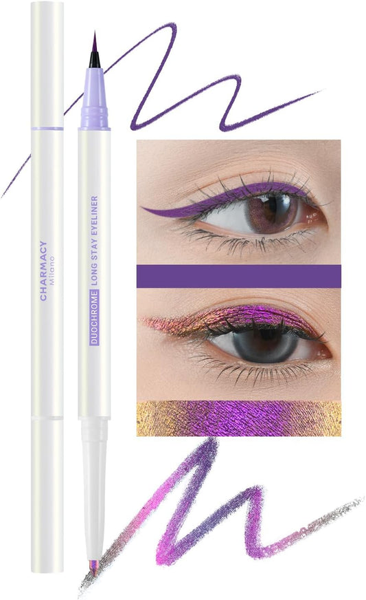 CHARMACY 2 in 1 Duochrome Gel Eyeliner, Chameleon Metallic Eyeliner, Pink Glod Brown Gel Glitter Eyeliner, Purple Liquid eyeliner, Waterproof, Smudge Proof, Long Lasting Eyeliner Pen(DE02)