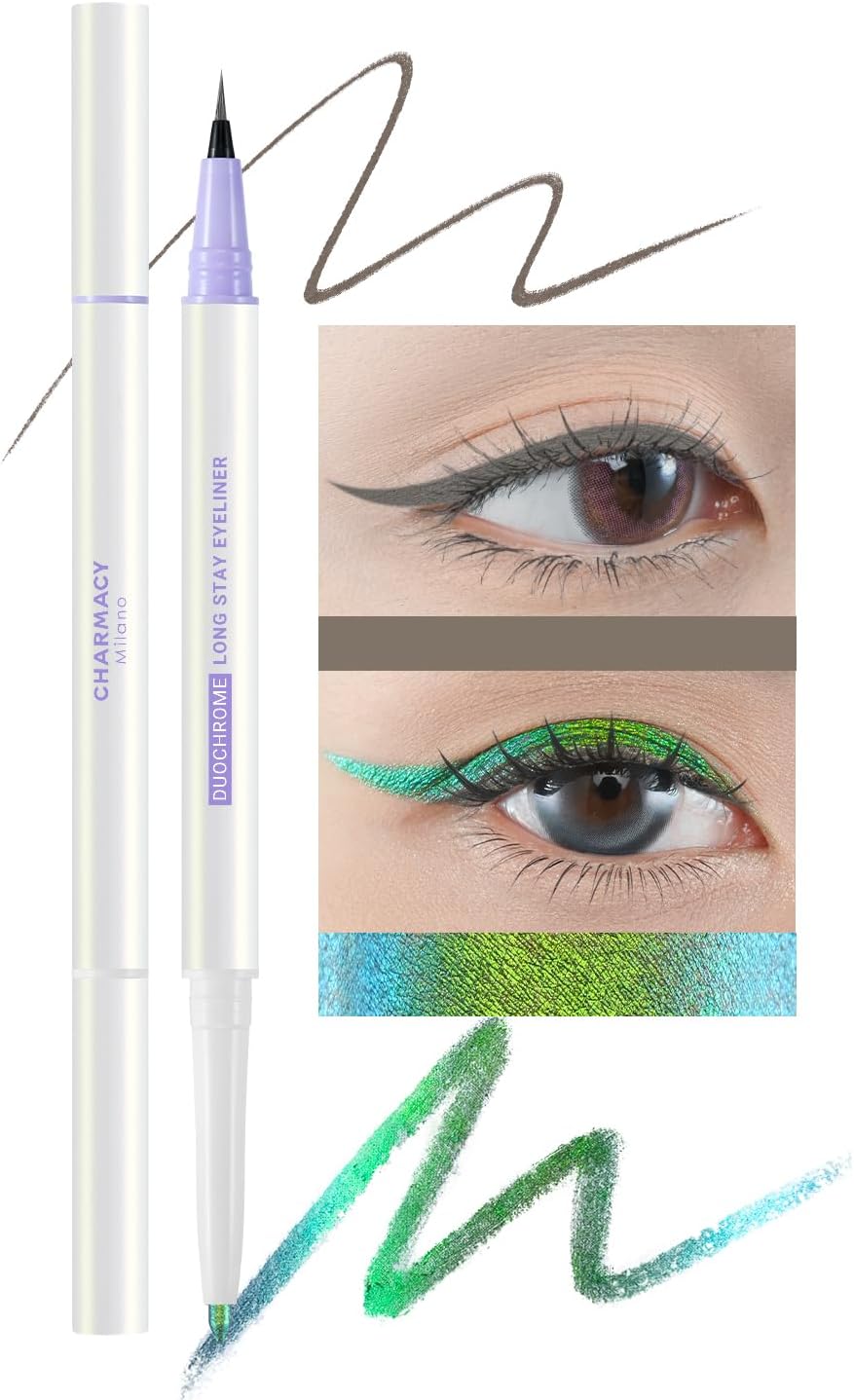CHARMACY 2 in 1 Duochrome Gel Eyeliner, Chameleon Metallic Eyeliner, Indigo Green Gel Glitter Eyeliner, Brown Liquid eyeliner, Waterproof, Smudge Proof, Long Lasting Eyeliner (DE04)