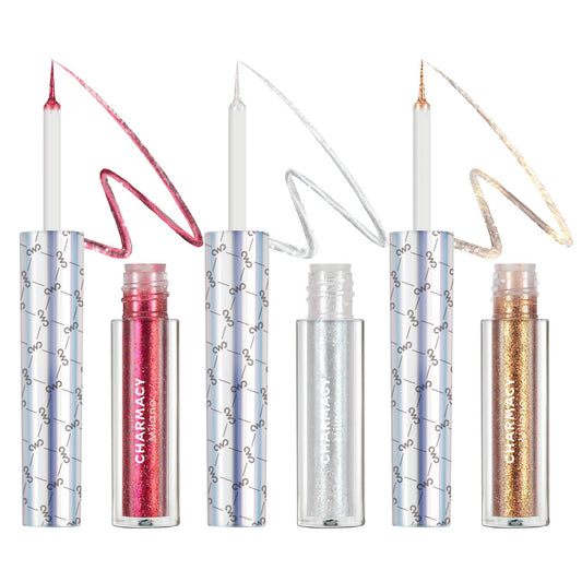 CHARMACY 3 Pcs Glitter Sparkling Eyeliner Liquid Makeup Set, Metallic Shimmer Glitter Eyeshadow, High Pigmented, Waterproof Long Lasting Quick Drying Liquid Liner for Eyes (Red Silver Golden)