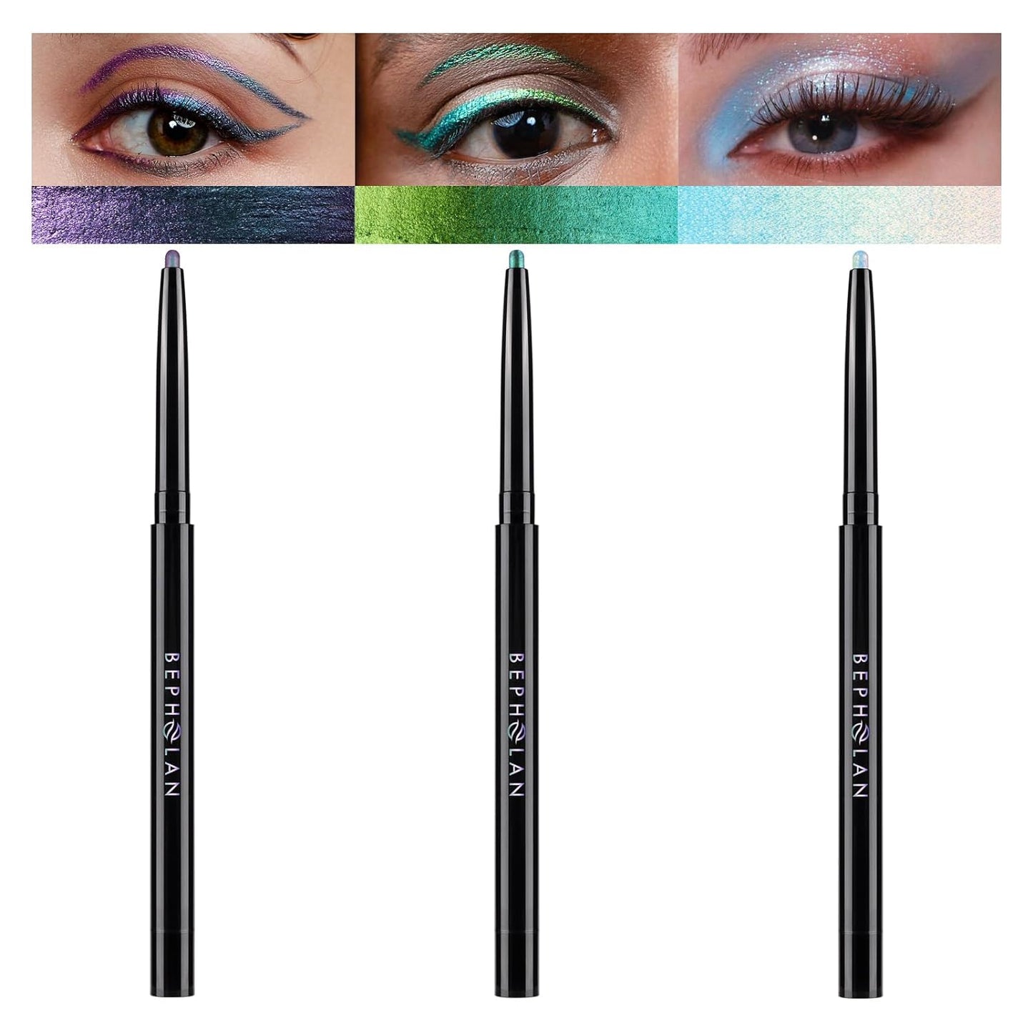 BEPHOLAN Eyeliner Pencil,Colored Eyeliners,Metallic Eyeliner,Shifting Colors Glitter Waterproof Eyeliner,24h Long-Lasting Eyeliner Pen 3PCS