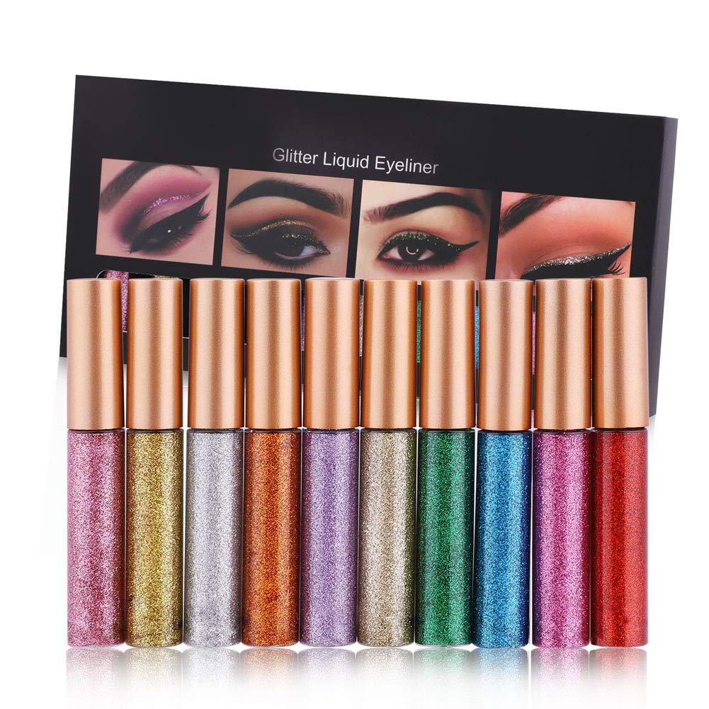 10 Colors Liquid Glitter Eyeliner, Novobey Metallic Shimmer Glitter Liquid Eyeshadow Eyeliner, Long Lasting Waterproof Highly Pigmented Sparkling Eyeliner Eyes Makeup Kit for Women Girls