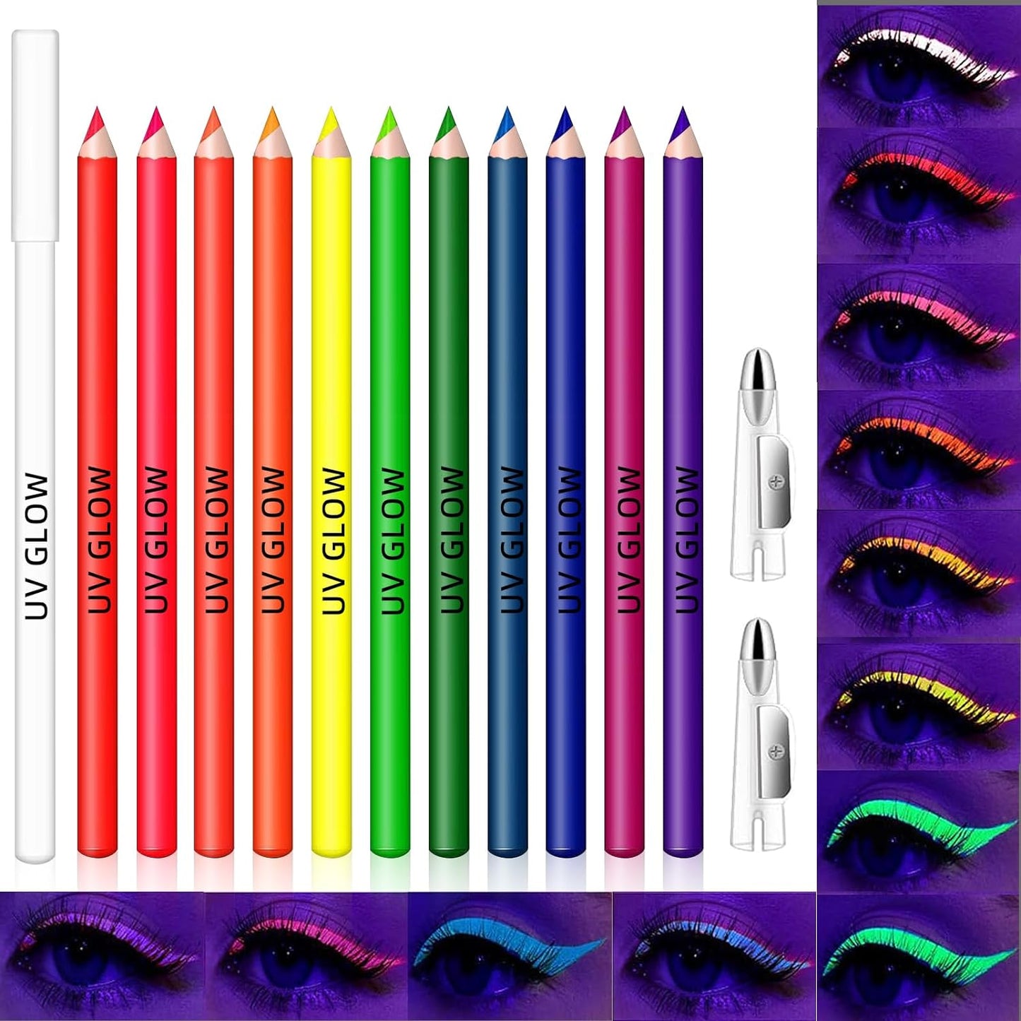 12 Colors UV Glow Eyeliner Set, Matte Creamy Colored Neon Eyeliner, Waterproof Long Lasting Rainbow Colorful Graphic Liners Glow in the Dark Halloween Party Rave Face Paint Eye Makeup Gift