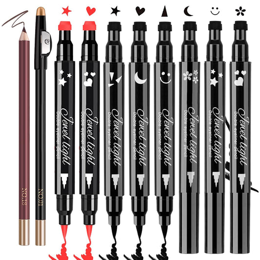 10 Pack Liquid Eyeliner Stamp Set with 8Pcs Eyeliner Stamp and 2Pcs Eyebrow Pencil, Waterproof Smudgeproof Eyeliner Long Lasting Eyeliner Pen (Heart/Flower/Moon/Star/Smiley /Triangle Seal Stamp)
