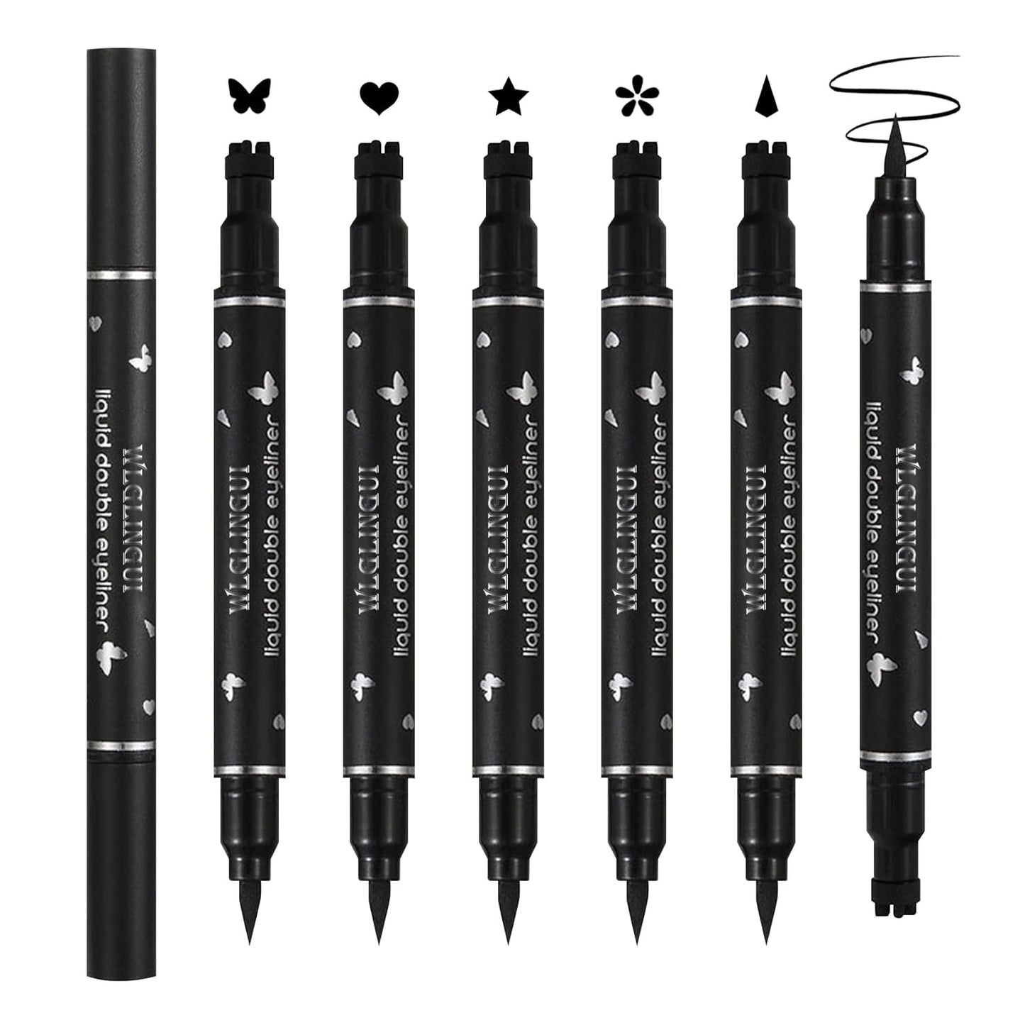 5PCS Liquid Winged Eyeliner Stamp Pen Set,Double-headed Waterproof Black Eyeliner Pencil Pen for Women,Smudge Proof Eye Liner Stencil Makeup Kit with Star,Heart,Flower,Butterfly,Diamond Shapes