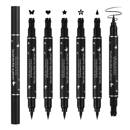 5PCS Liquid Winged Eyeliner Stamp Pen Set,Double-headed Waterproof Black Eyeliner Pencil Pen for Women,Smudge Proof Eye Liner Stencil Makeup Kit with Star,Heart,Flower,Butterfly,Diamond Shapes