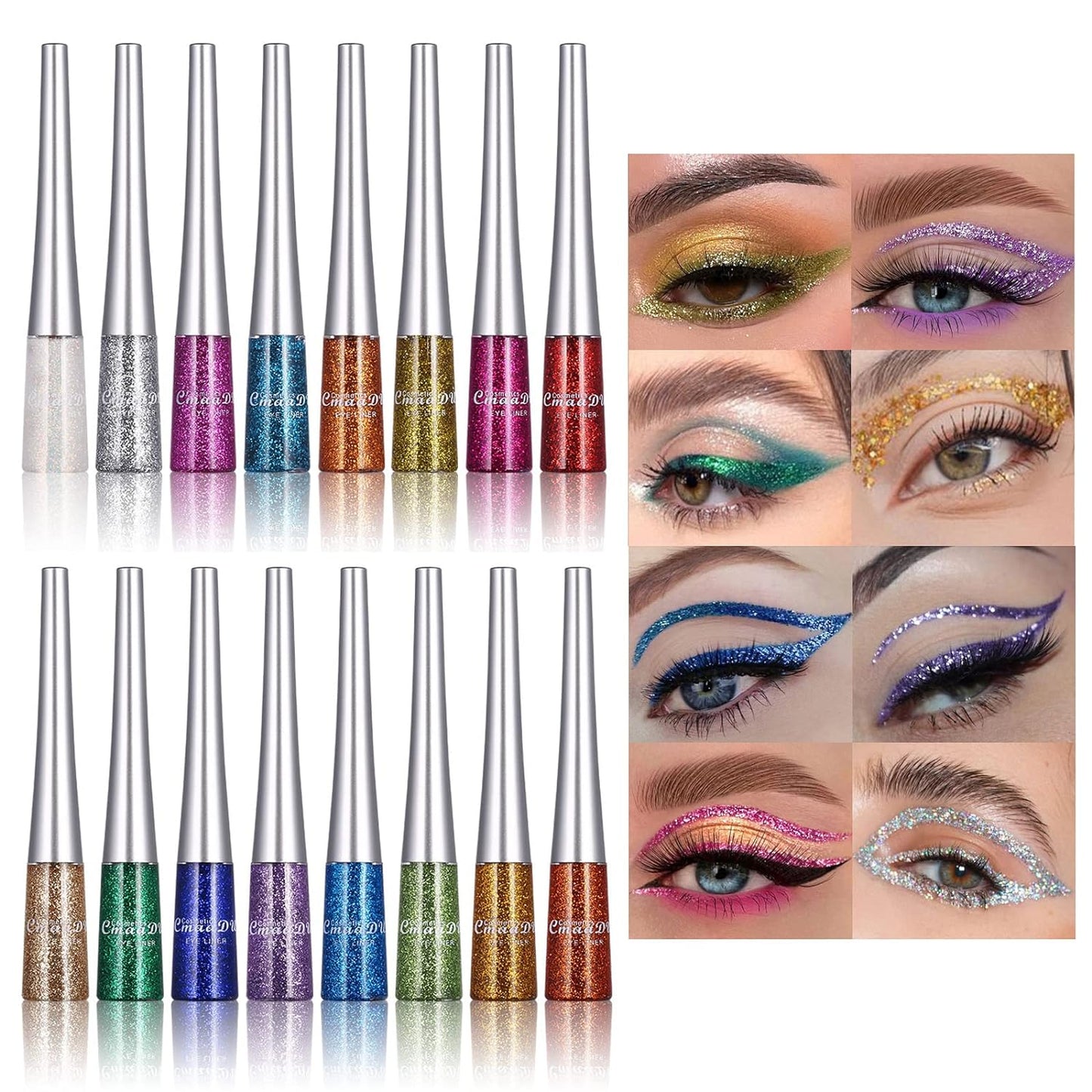 16 Colors Glitter Metallic Liquid Eyeliner Set Waterproof Long Lasting Eye Liner pencil Pigmented Shimmer Eye Makeup Gift Kit for Women Green Purple Blue Pink white Silver Gold Colored Eyeliners