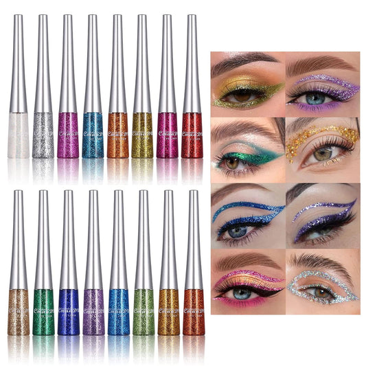 16 Colors Glitter Metallic Liquid Eyeliner Set Waterproof Long Lasting Eye Liner pencil Pigmented Shimmer Eye Makeup Gift Kit for Women Green Purple Blue Pink white Silver Gold Colored Eyeliners
