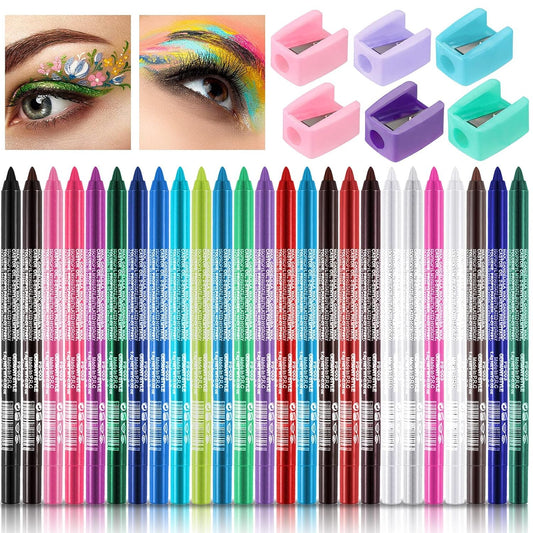 25 Color Eyeliner Pencil Set, Colorful Pearl Eyeliner Kit Metallic Eye Shadow Pen Glitter Waterproof with 6 Pencil Sharpeners Eye Makeup Set for Women Girl Eye Color Lip Liner Accessories