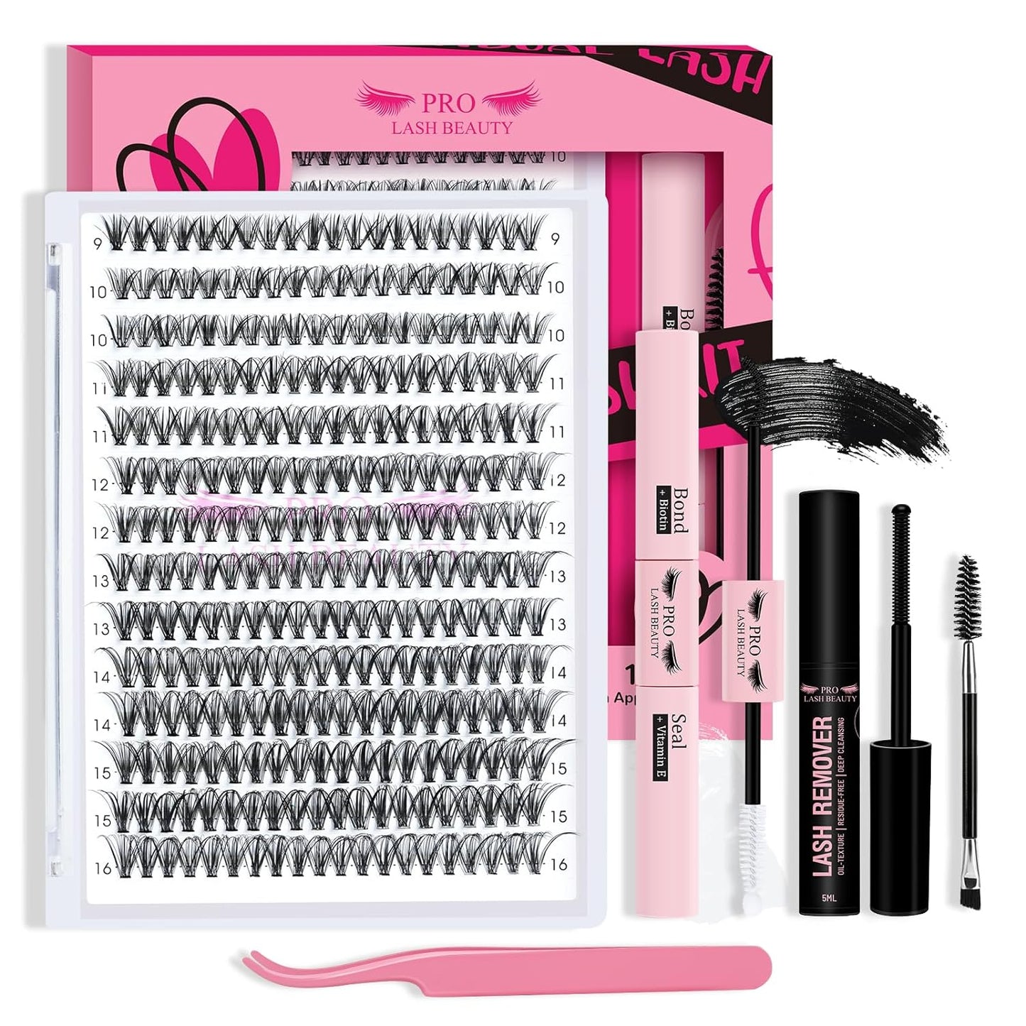 𝐏𝐑𝐎 DIY Lash Extension Kit 280pcs Lash Clusters D Curl Eyelash Extension Kit Individual Lashes with Lash Bond and Seal Lash Remover Lash Applicator Easy to Apply at Home(30D-9-16mix Kit)