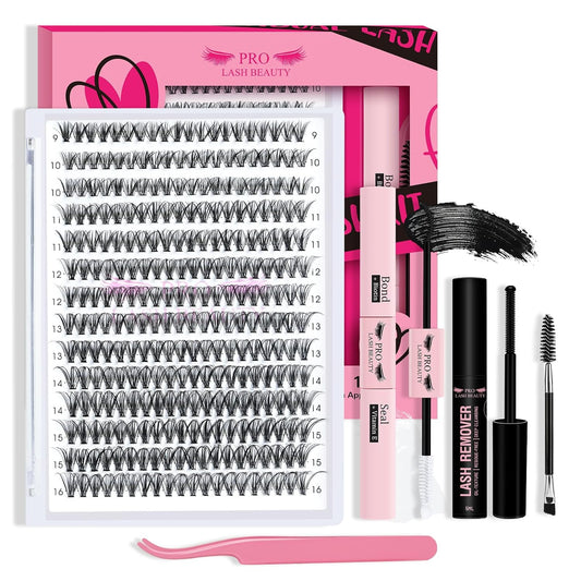𝐏𝐑𝐎 DIY Lash Extension Kit 280pcs Lash Clusters D Curl Eyelash Extension Kit Individual Lashes with Lash Bond and Seal Lash Remover Lash Applicator Easy to Apply at Home(30D-9-16mix Kit)