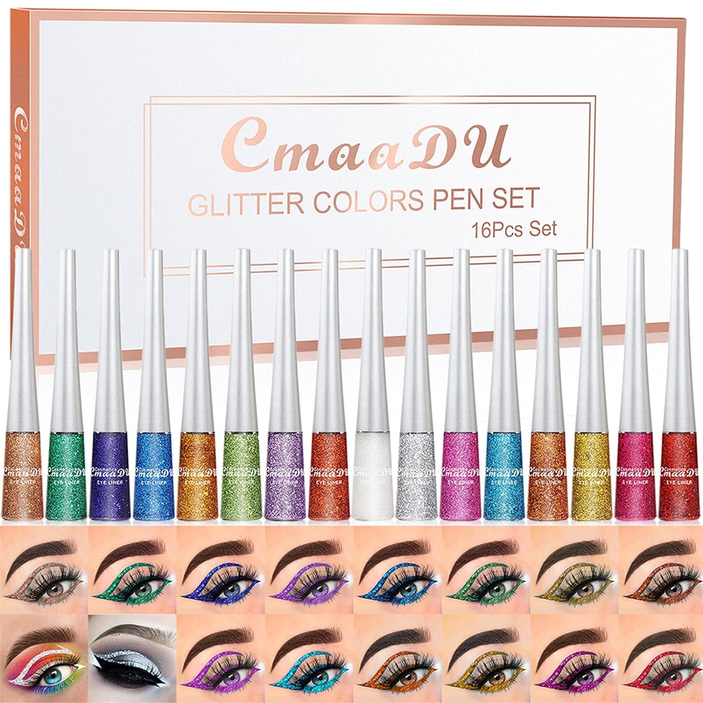 16PCS Liquid Glitter Eyeliner set, 16 Colors High Pigmented Brighten Eye Liner Kit, Long Lasting Waterproof Metallic Shimmer Eyeshadow