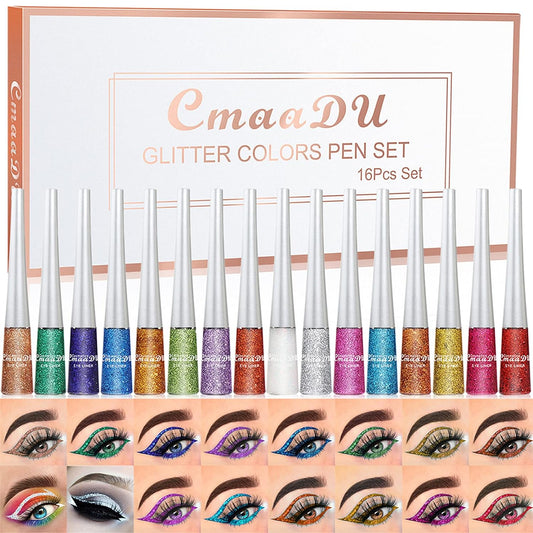 16PCS Liquid Glitter Eyeliner set, 16 Colors High Pigmented Brighten Eye Liner Kit, Long Lasting Waterproof Metallic Shimmer Eyeshadow