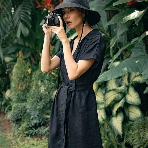 ARYA Safari Linen Midi Dress, in Black - Zoter Shop