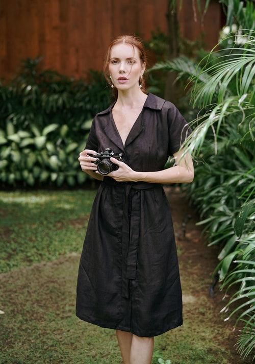 ARYA Safari Linen Midi Dress, in Black - Zoter Shop