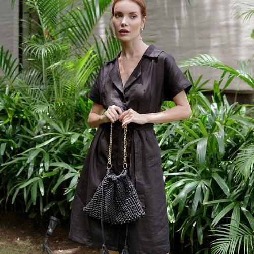 ARYA Safari Linen Midi Dress, in Black - Zoter Shop