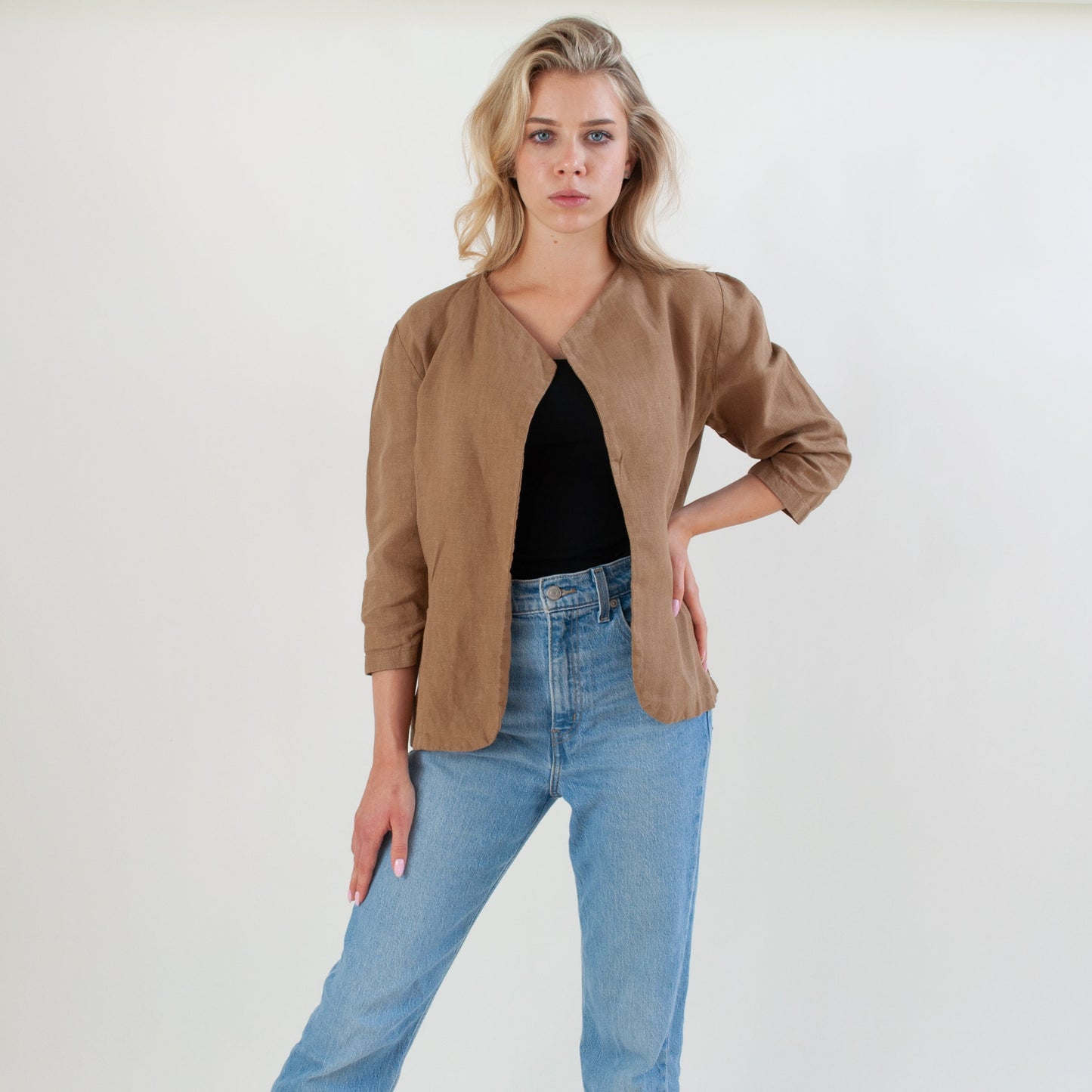 Casual Linen Blazer with 3/4 Sleeves