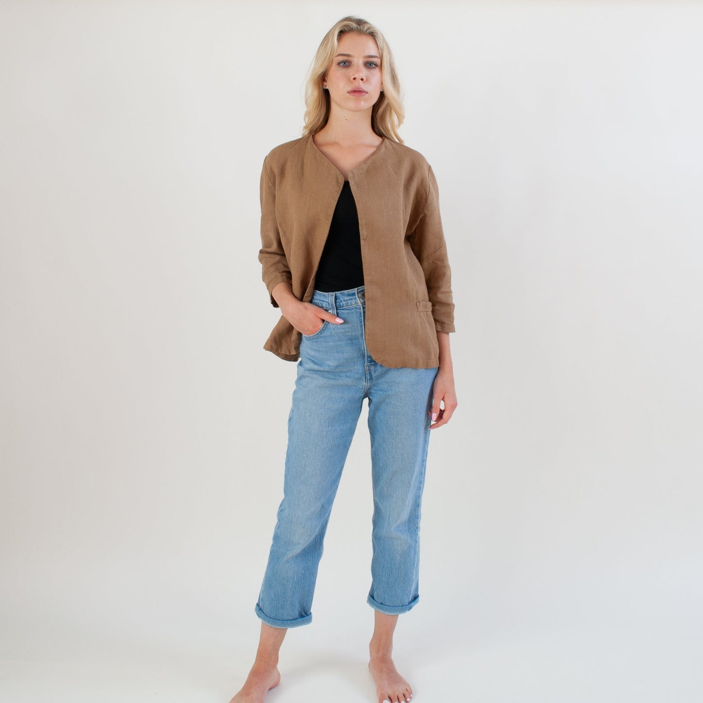 Casual Linen Blazer with 3/4 Sleeves