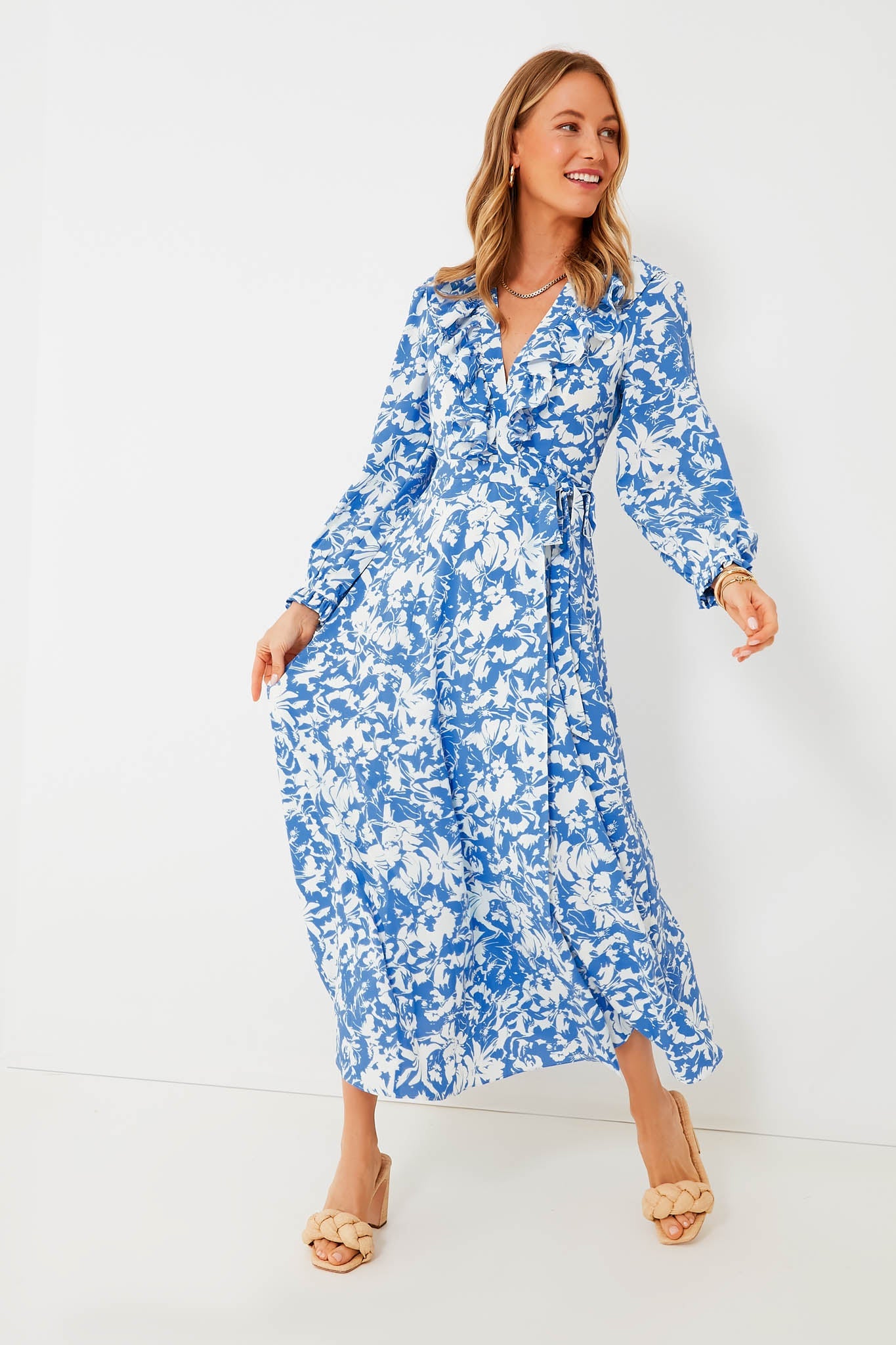 Blue and White Floral Winifred Wrap Dress