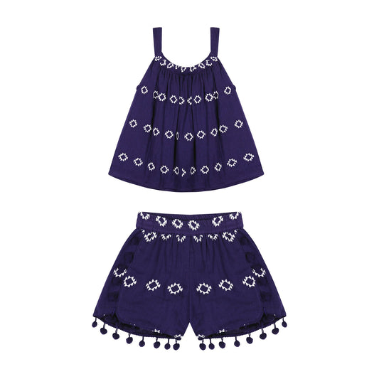 Colette Girl's Top And Short Set Navy Embroidery