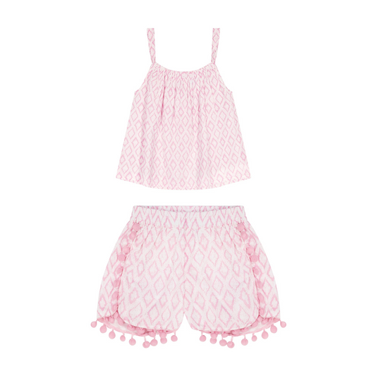 Colette Girl's Top And Short Set in Soft Pink Ikat