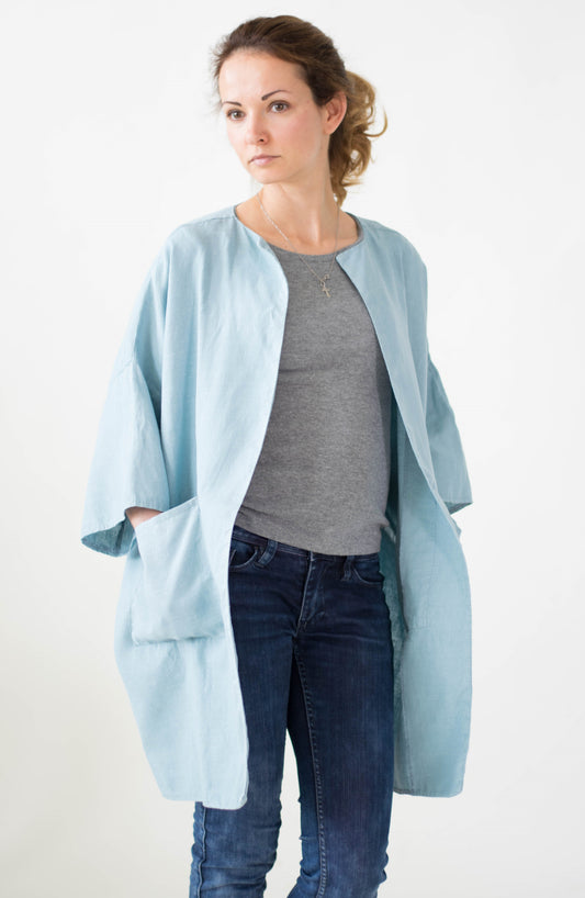 Blue Linen Jacket with Pockets - Oversized Linen Cardigan - Long Olive Linen Coat