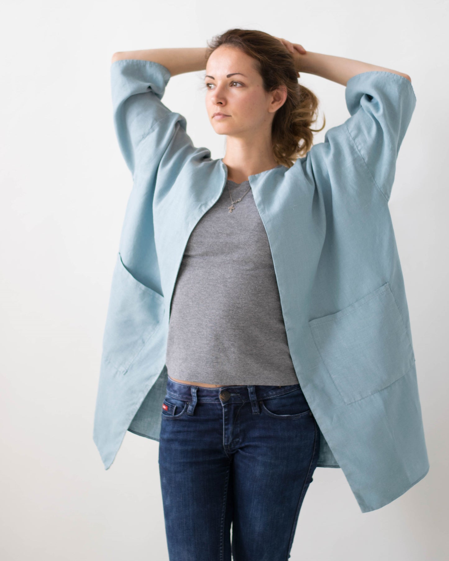 Blue Linen Jacket with Pockets - Oversized Linen Cardigan - Long Olive Linen Coat