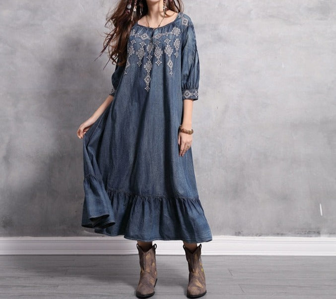 Boho Gypsy Embroidered Tunic Hippie Denim Loose Dress