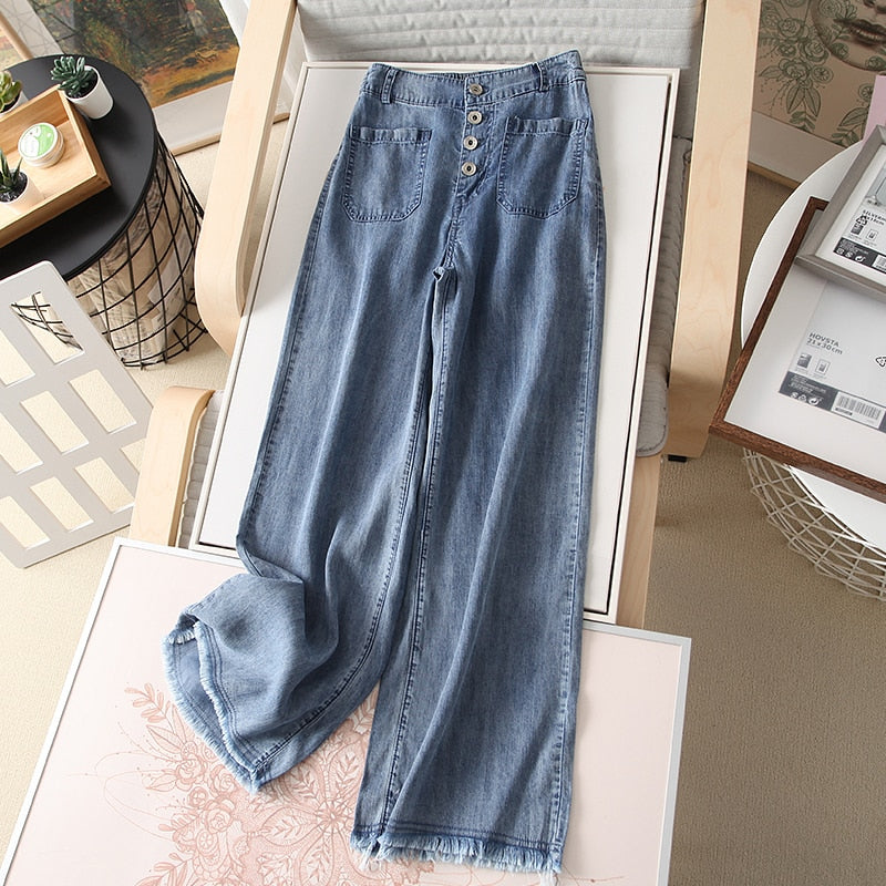 Denim High Waist Thin Loose Pocket Straight Trousers