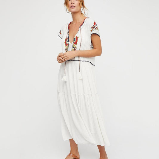 Boho Red Embroidered Gypsy Lace Up Hippie Long Maxi Dress