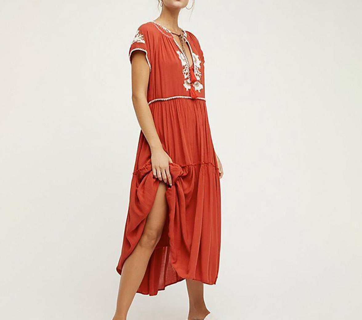 Boho Red Embroidered Gypsy Lace Up Hippie Long Maxi Dress