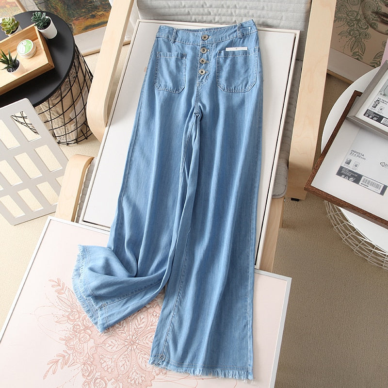 Denim High Waist Thin Loose Pocket Straight Trousers