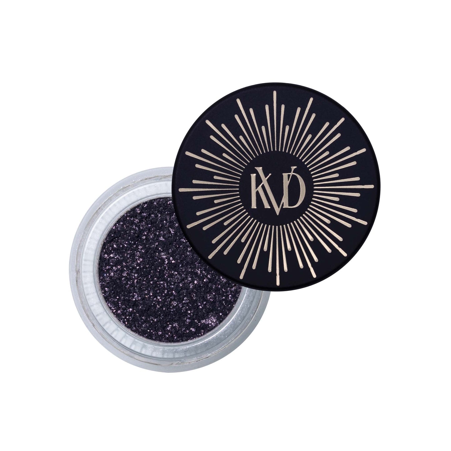 Open tub of KVD Dazzle Flakes eye pigment in shade Magnetic Cloud..