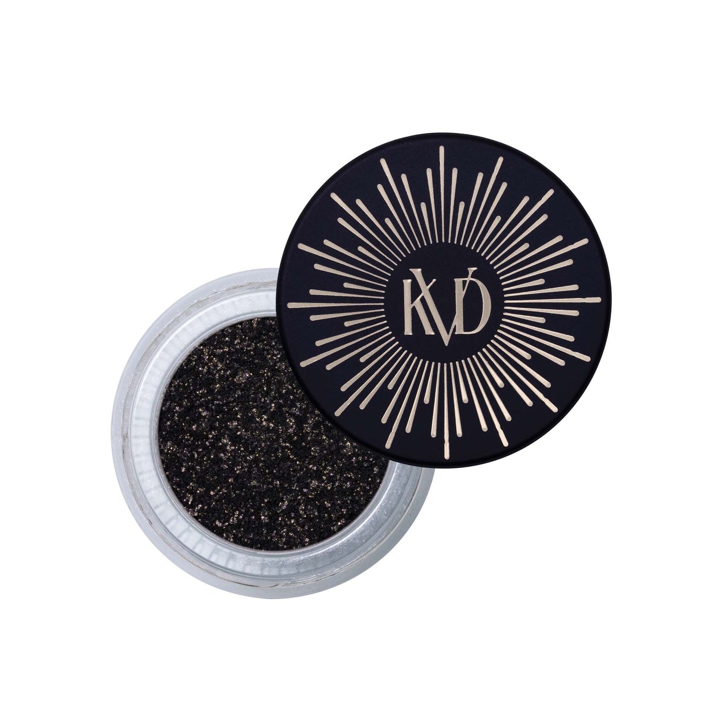 Open tub of KVD Dazzle Flakes eye pigment in shade Polar Night.