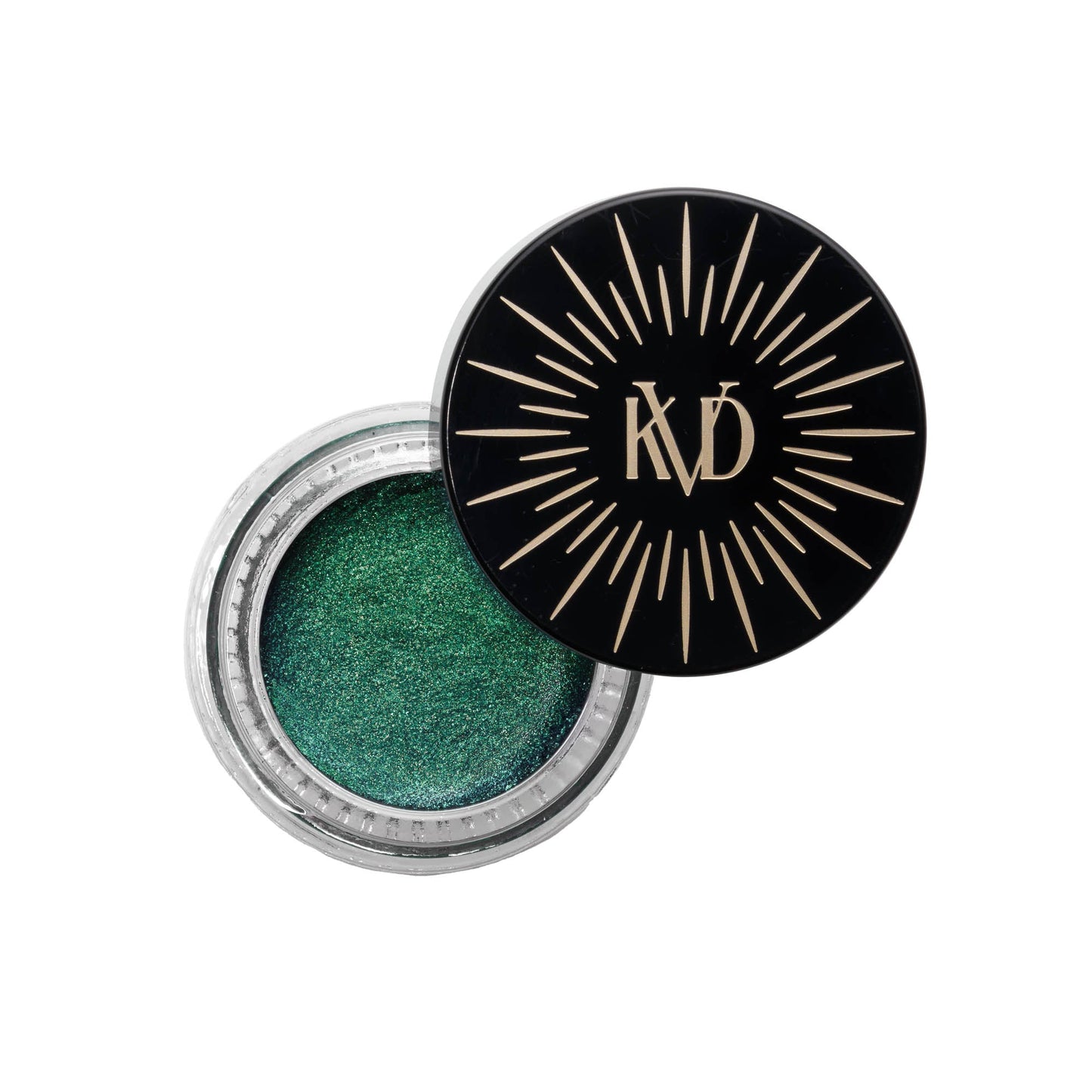 Open KVD Dazzle Gel container in shade Green Nebula with cap