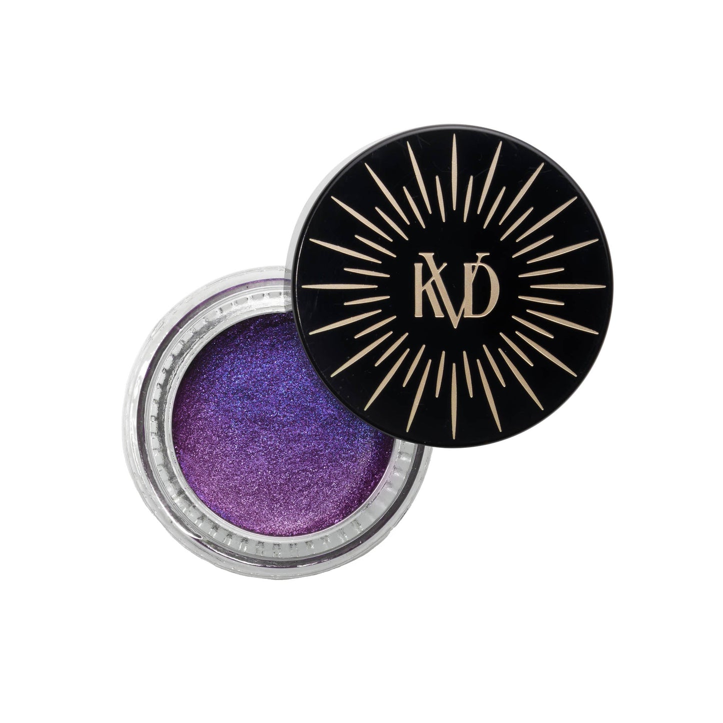 Open KVD Dazzle Gel container in shade Violet Aurora with cap