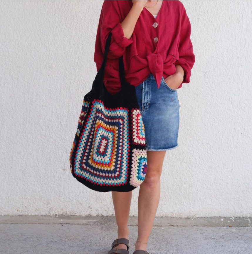 Colorful Crochet Chic Hippie Tote Handbag